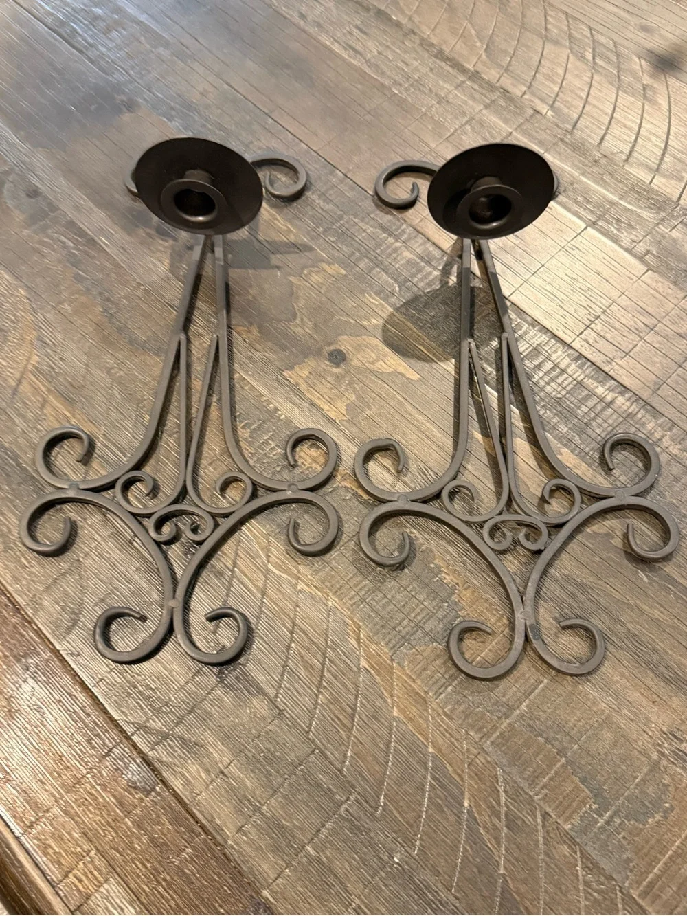 Vintage Pair Wrought Iron Sconces Wall Hanging Scrollwork Pillar Candle Holder